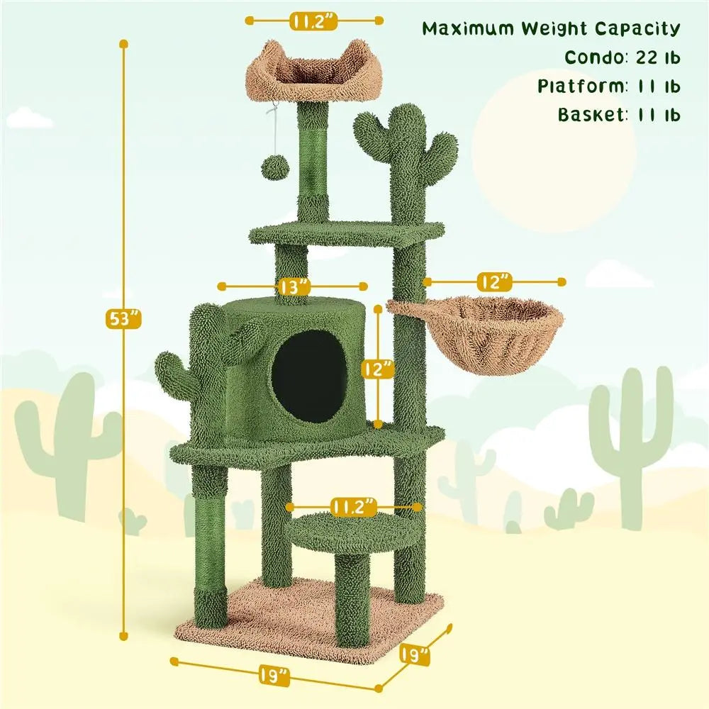 Yaheetech 53" H Cat Cactus Tree Condo Kitten Tree Tower with Sisal, Padded Perch, Platform, Condo, Scratching Posts & Hanging Ball Cat Furniture for Cats