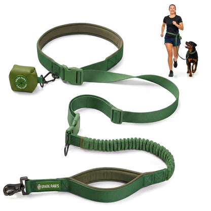 Spark Paws Handsfree Dog Leash – Shock Absorbing Waist Bungee Lead for Running, Car Seatbelt Clip & Poop Bag Set, Heavy Duty Tactical Lead for Medium, Large & X-Large Breeds