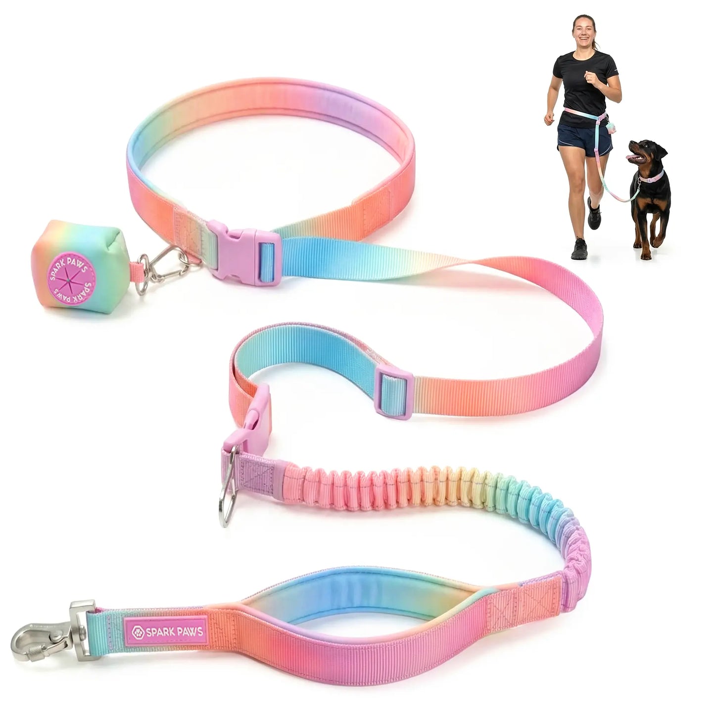 Spark Paws Handsfree Dog Leash – Shock Absorbing Waist Bungee Lead for Running, Car Seatbelt Clip & Poop Bag Set, Heavy Duty Tactical Lead for Medium, Large & X-Large Breeds